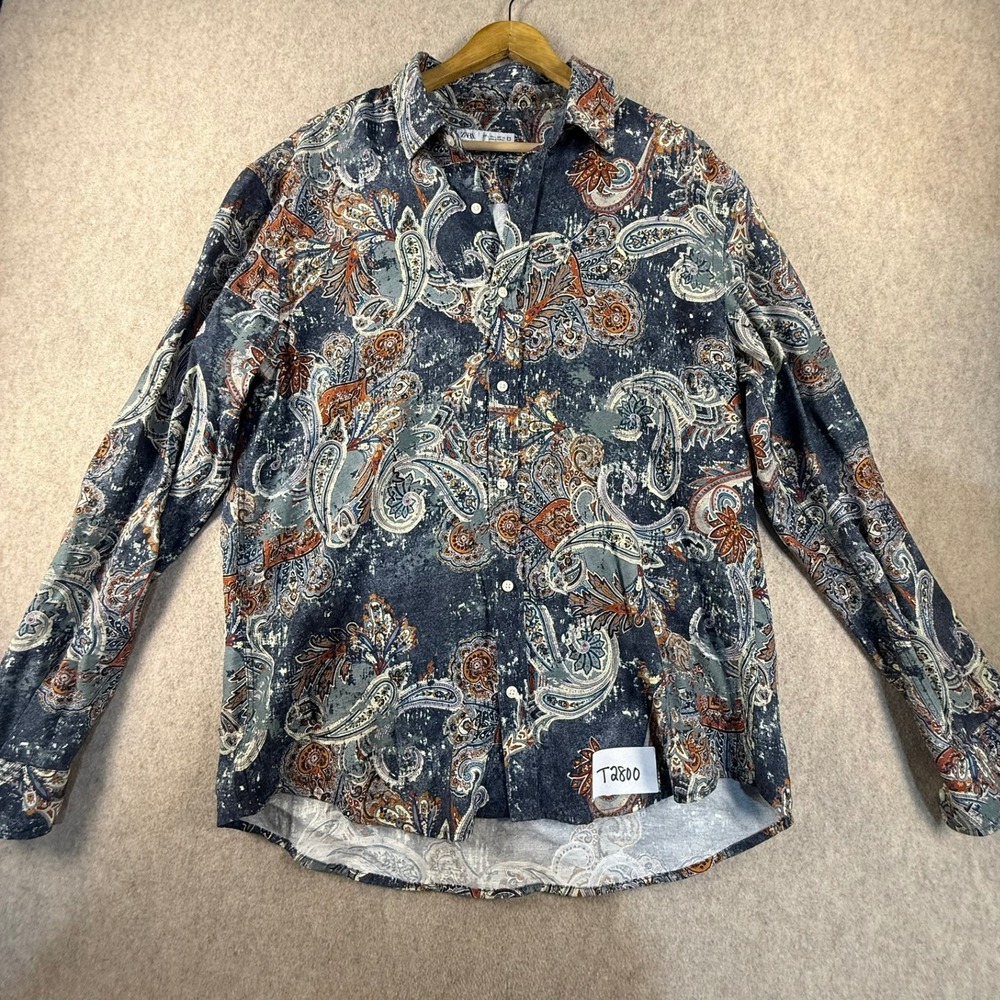 Zara Man Paisley Print Button Down Shirt Blue Rust Distressed Long Sleeve Large